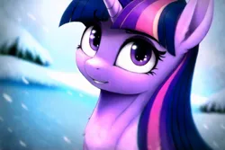 Size: 1728x1152 | Tagged: safe, derpibooru import, machine learning generated, novelai, stable diffusion, twilight sparkle, pony, unicorn, blurry background, bust, cute, eyebrows, female, happy, horn, ice, image, looking at you, mare, png, portrait, smiling, smiling at you, snow, snowfall, solo, solo female, solo focus, unicorn twilight