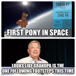 Size: 500x500 | Tagged: safe, derpibooru import, applejack, human, pony, image, implied grand pear, irl, irl human, jpeg, photo, ponies in real life, ponies in space, toy, voice actor joke, william shatner