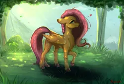 Size: 3702x2505 | Tagged: safe, artist:miokomata, derpibooru import, fluttershy, pegasus, pony, colored hooves, female, floating heart, floppy ears, forest, freckles, freckleshy, heart, high res, image, looking at you, mare, png, raised hoof, smiling, smiling at you, solo, tree