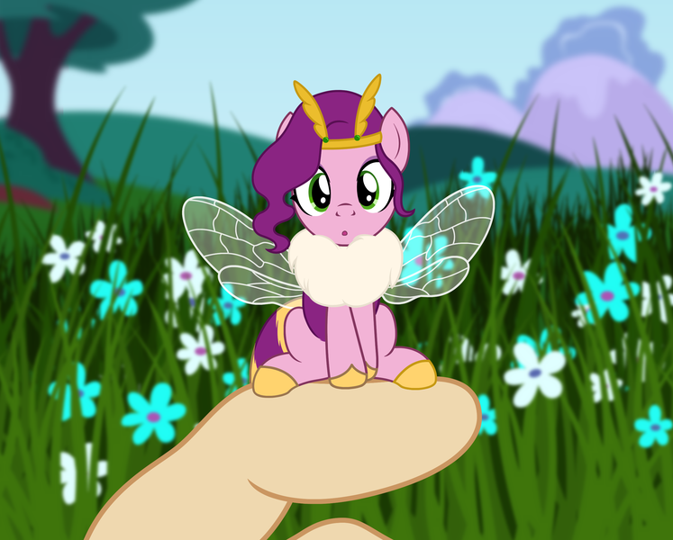 Size: 2566x2060 | Tagged: safe, artist:badumsquish, derpibooru import, pipp, pipp petals, bee, bee pony, human, hybrid, insect, original species, pony, :o, antennae, bumblebee, bumblebipp, chest fluff, cute, daaaaaaaaaaaw, derpibooru exclusive, female, female focus, flower, flower field, g4, g5, g5 to g4, generation leap, grass, grass field, hand, high res, human pov, image, in goliath's palm, innocent, insect wings, looking at you, mountain, offscreen character, offscreen human, open mouth, pipp is short, pipp is smol, png, sitting, size difference, smol, solo focus, species swap, tiny, tiny ponies, tree, weapons-grade cute, wings