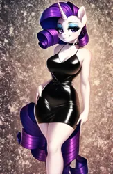 Size: 3328x5120 | Tagged: suggestive, derpibooru import, editor:paajbach, machine learning generated, novelai, stable diffusion, rarity, anthro, unicorn, blurry background, breasts, busty rarity, clothes, collar, dress, eyeliner, female, gradient background, hand on hip, high res, image, latex, latex dress, light skin, looking at you, makeup, mascara, nail polish, png, pose, posing for photo, power ponies, relaxed, rubber, seductive look, sexy, shiny, short dress, smiling, smiling at you, solo, solo female