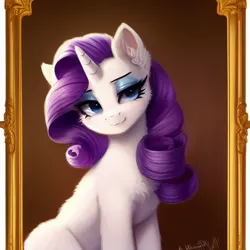 Size: 1024x1024 | Tagged: safe, derpibooru import, machine learning generated, stable diffusion, rarity, pony, unicorn, blushing, chest fluff, cute, ear fluff, female, fluffy, image, mare, missing cutie mark, png, raribetes, sitting, smiling, smirk, solo