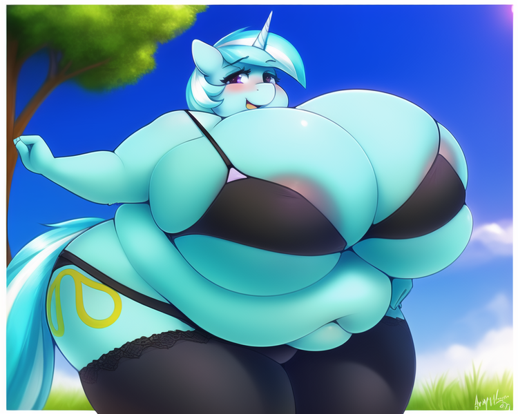 Size: 960x768 | Tagged: suggestive, derpibooru import, editor:fatponyai, machine learning generated, novelai, stable diffusion, lyra heartstrings, anthro, unguligrade anthro, unicorn, ass, bbw, big breasts, blushing, bra, breasts, butt, clothes, extra thicc, fat, fat boobs, female, front view, huge breasts, huge butt, hyper, image, impossibly large breasts, impossibly large butt, lard-ra heartstrings, large butt, morbidly obese, nudity, obese, panties, partial nudity, png, solo, solo female, ssbbw, tail, the ass was fat, thighs, thunder thighs, tight clothing, underwear, wide hips, wingless