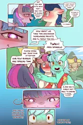 Size: 960x1440 | Tagged: safe, alternate version, artist:cold-blooded-twilight, derpibooru import, bon bon, lyra heartstrings, sweetie drops, twilight sparkle, cold blooded twilight, comic:cold storm, blushing, comic, dialogue, fangs, glow, image, png, shivering, speech bubble, sweat, thought bubble, wide eyes
