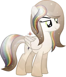 Size: 1026x1200 | Tagged: safe, artist:meteor-spark, derpibooru import, editor:nc-tv, oc, oc:typhoon, crystal pony, pegasus, pony, background removed, brown mane, brown tail, confident, crystallized, eyebrows, female, folded wings, green eyes, highlights, image, mare, multicolored hair, pegasus oc, png, rainbow hair, rainbow stripes, rainbow tail, raised eyebrow, simple background, smiling, tail, transparent background, watermark, wings