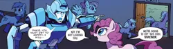 Size: 636x184 | Tagged: safe, artist:caseycoller, derpibooru import, idw, angel wings, pinkie pie, earth pony, pegasus, pony, spoiler:friendship in disguise02, autobot, comic, female, gauge (autobot), image, jpeg, mare, transformers