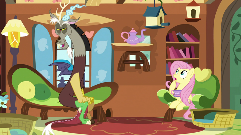 Size: 1920x1080 | Tagged: safe, derpibooru import, screencap, discord, fluttershy, draconequus, pony, make new friends but keep discord, bird house, cup, fluttershy's cottage, image, mouse hole, png, teacup