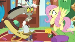 Size: 1280x720 | Tagged: safe, derpibooru import, screencap, discord, fluttershy, draconequus, pegasus, pony, dungeons and discords, fluttershy's cottage, image, png