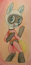 Size: 1627x3401 | Tagged: safe, artist:gracefulart693, derpibooru import, oc, oc:finn the pony, earth pony, pony, bipedal, clothes, costume, crossover, image, jpeg, male, mask, smiling, stallion, the incredibles, traditional art