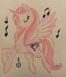 Size: 3024x3557 | Tagged: safe, artist:gracefulart693, derpibooru import, oc, unofficial characters only, alicorn, pony, alicorn oc, eyes closed, female, horn, image, jpeg, mare, music notes, solo, traditional art, wings