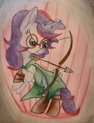 Size: 3024x3949 | Tagged: safe, artist:gracefulart693, derpibooru import, oc, unofficial characters only, pony, unicorn, arrow, boots, bow (weapon), bow and arrow, clothes, female, glasses, glow, glowing horn, horn, image, jpeg, looking back, magic, mare, rearing, shoes, telekinesis, traditional art, unicorn oc, weapon