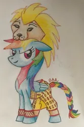 Size: 1995x3005 | Tagged: safe, artist:gracefulart693, derpibooru import, rainbow dash, big cat, lion, pegasus, pony, braid, braided tail, clothes, costume, eyelashes, female, hat, image, jpeg, mare, simba, solo, tail, traditional art, wings