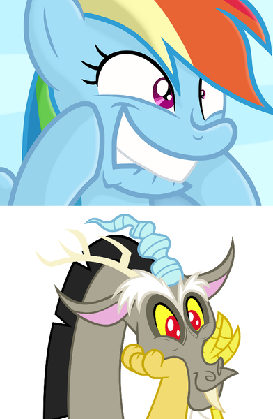 Size: 680x1042 | Tagged: safe, derpibooru import, discord, rainbow dash, draconequus, cute, discute, grin, image, png, simple background, smiling, white background
