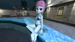 Size: 1920x1080 | Tagged: suggestive, artist:oatmeal!, derpibooru import, sunny flare, human, equestria girls, 3d, belly button, bikini, breasts, clothes, crossed legs, female, gmod, image, looking at you, night, png, poolside, sexy, sitting, solo, swimming pool, swimsuit