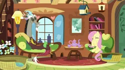 Size: 1920x1080 | Tagged: safe, derpibooru import, screencap, discord, fluttershy, draconequus, pegasus, pony, make new friends but keep discord, bird house, couch, cup, female, fluttershy's cottage, grin, image, laughing, male, mare, mouse hole, pillow, png, sitting, smiling, teacup, teapot
