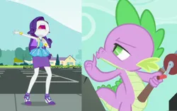 Size: 850x535 | Tagged: safe, derpibooru import, edit, edited screencap, screencap, rarity, spike, a dog and pony show, equestria girls, armpits, arms in the air, clothes, dress, duo, hands in the air, image, png, rarity peplum dress, sleeveless, sleeveless dress