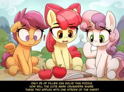 Size: 1200x894 | Tagged: safe, artist:pabbley, derpibooru import, apple bloom, scootaloo, sweetie belle, earth pony, pegasus, pony, unicorn, apple, cutie mark crusaders, exclamation point, eye clipping through hair, eyebrows, eyebrows visible through hair, female, filly, foal, food, image, implied murder, jpeg, knife, meme, ponified meme, puzzle, question mark, riddle, scared, sitting, sweat, text, this will end in death, this will end in tears, this will end in tears and/or death, this will end in tears and/or death and/or covered in tree sap, trio
