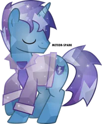 Size: 1024x1241 | Tagged: dead source, safe, artist:meteor-spark, derpibooru import, oc, oc:midnight, unofficial characters only, crystal pony, pony, unicorn, blue mane, blue tail, clothes, crystallized, cuffs (clothes), eyes closed, horn, image, lightning, male, necktie, png, raised hoof, shield, shirt, simple background, smiling, solo, source in the description, sparkles, stallion, suit, tail, transparent background, two toned hair, two toned mane, two toned tail, unicorn oc, watermark