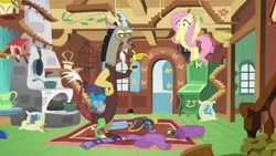 Size: 1280x720 | Tagged: safe, derpibooru import, screencap, discord, fluttershy, draconequus, dungeons and discords, blushing, fluttershy's cottage, hand on hip, image, png