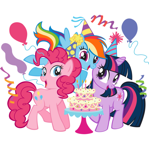 Size: 2048x2048 | Tagged: safe, edit, editor:drtoughlove, official, twibooru exclusive, pinkie pie, rainbow dash, twilight sparkle, earth pony, pegasus, pony, unicorn, balloon, birthday cake, cake, cute, female, food, hat, image, mare, party hat, png, simple background, stock vector, transparent background, unicorn twilight, wingless, wingless edit, zazzle