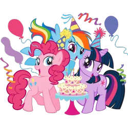 Size: 2048x2048 | Tagged: safe, edit, editor:drtoughlove, official, twibooru exclusive, pinkie pie, rainbow dash, twilight sparkle, earth pony, pegasus, pony, unicorn, balloon, birthday cake, cake, cute, female, food, hat, image, mare, party hat, png, simple background, stock vector, transparent background, unicorn twilight, wingless, wingless edit, zazzle
