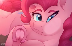 Size: 2570x1666 | Tagged: safe, artist:rivin177, derpibooru import, pinkie pie, earth pony, pony, against glass, blue eyes, bokeh, breaking the fourth wall, carpet, cheek bulge, cheek squish, female, fourth wall, g4, glass, hoof shoes, image, looking at you, lying down, mare, png, prone, raised hoof, smiling, solo, squishy cheeks, underhoof