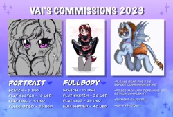 Size: 2616x1772 | Tagged: safe, artist:vaiola, derpibooru import, oc, unofficial characters only, pegasus, pony, unicorn, advertisement, blushing, bust, clothes, commission, commission info, commissions open, commissions sheet, cute, diaper, eyebrows, female, full body, head only, horn, image, long mane, mare, non-baby in diaper, png, poofy diaper, portrait, price list, price sheet, prices, sexy, smiling, text, watermark, wings