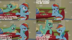 Size: 2000x1125 | Tagged: safe, derpibooru import, edit, edited screencap, editor:quoterific, screencap, rainbow dash, zephyr breeze, pegasus, pony, flutter brutter, annoyed, duo, duo male and female, female, flattery, food, frown, image, irritated, male, mare, open mouth, open smile, png, rainbow dash is not amused, salad, smiling, stallion, stubble, unamused, upside down