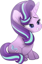 Size: 1770x2709 | Tagged: safe, artist:crystalmagic6, artist:lincolnbrewsterfan, derpibooru import, starlight glimmer, pony, unicorn, .svg available, beautiful, bedroom eyes, blue eyes, covering, curled up, cute smile, female, grin, image, lidded eyes, looking at someone, mare, movie accurate, plotting, png, raised hoof, remake, remastered, sassy, simple background, smiling, solo, starlight glimmer is best facemaker, stars, striped hair, striped mane, striped tail, tail, tail covering, teeth, transparent background, vector, vector trace