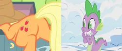 Size: 999x423 | Tagged: safe, banned from derpibooru, deleted from derpibooru, derpibooru import, edit, edited screencap, screencap, applejack, spike, dragon, earth pony, pony, somepony to watch over me, winter wrap up, applebutt, butt, female, image, looking at butt, male, mare, pervert, plot, png