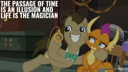 Size: 1920x1080 | Tagged: safe, derpibooru import, edit, edited screencap, editor:quoterific, screencap, doctor whooves, smolder, time turner, a horse shoe-in, doctor who, image, png, twelfth doctor