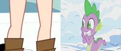 Size: 999x423 | Tagged: safe, derpibooru import, edit, edited screencap, screencap, spike, dragon, human, winter wrap up, blythe baxter, crossover, female, image, legs, littlest pet shop, looking at legs, male, pervert, pictures of legs, png