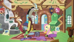 Size: 1280x720 | Tagged: safe, derpibooru import, screencap, discord, fluttershy, draconequus, dungeons and discords, bird house, discord is not amused, fluttershy's cottage, image, mouse hole, png, smiling, unamused