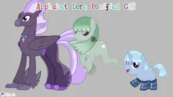 Size: 7111x4000 | Tagged: safe, artist:melisareb, derpibooru import, part of a set, ponified, ghost, ghost pony, hippogriff, pony, undead, unicorn, .svg available, 16:9, absurd resolution, alphabet lore, clothes, crossover, floating, g, glow, glowing eyes, gray background, h, happy, hippogriffied, i, image, jewelry, looking at you, male, necklace, one eye closed, open mouth, png, raised hoof, shoes, simple background, socks, species swap, stallion, striped socks, trio, trio male, vector, wind, windswept mane, wings, wink, winking at you