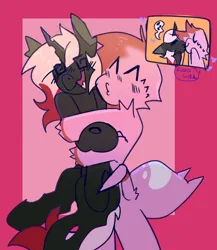 Size: 2000x2300 | Tagged: safe, artist:goblinkimg, derpibooru import, oc, oc:heartstring fiddler, oc:viviana, unofficial characters only, changeling, changeling oc, duo, good girl, image, kiss on the lips, kissing, non-pony oc, pink background, pink changeling, pink spider, png, shipping, simple background, spider oc