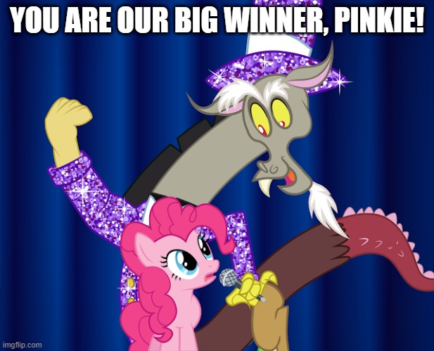 Size: 617x499 | Tagged: safe, artist:mlp-silver-quill, derpibooru import, discord, pinkie pie, draconequus, caption, discopie, duo, female, image, image macro, imgflip, jpeg, male, shipping, straight, text