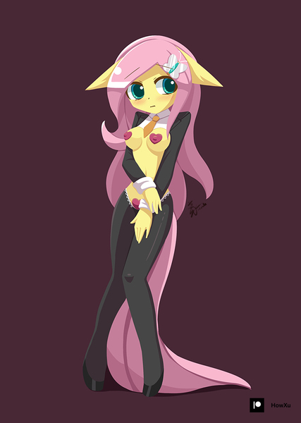 Size: 711x1000 | Tagged: questionable, artist:howxu, derpibooru import, fluttershy, anthro, adorasexy, blushing, breasts, clothes, cute, embarrassed, erect nipples, female, floppy ears, hairpin, image, jpeg, nipple outline, pasties, reverse bunny suit, sexy, shyabetes, simple background, socks, solo, stockings, thigh highs