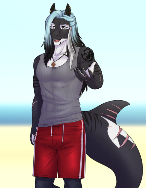 Size: 2550x3300 | Tagged: safe, artist:askbubblelee, derpibooru import, oc, oc:mako, unofficial characters only, anthro, digitigrade anthro, orca, orca pony, original species, anthro oc, beach, clothes, digital art, ear piercing, image, looking at you, male, piercing, png, reaching, scar, shirt, shorts, solo, swimming trunks, swimsuit, water