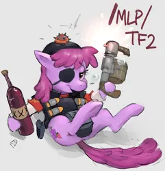 Size: 2265x2352 | Tagged: safe, derpibooru import, berry punch, berryshine, /mlp/ tf2 general, alcohol, bubble, demoman, drunk, eyepatch, female, grenade, hiccup, image, png, scrumpy, solo, solo female, stickybomb, stickybomb launcher, team fortress 2, text