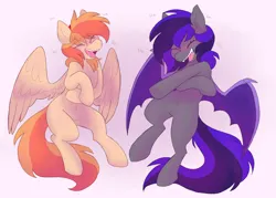 Size: 2800x2000 | Tagged: safe, artist:puppie, derpibooru import, oc, oc:carrot spring, oc:moonshadow, bat pony, pegasus, flying, friendship, giggling, happy, image, laughing, png, simple background