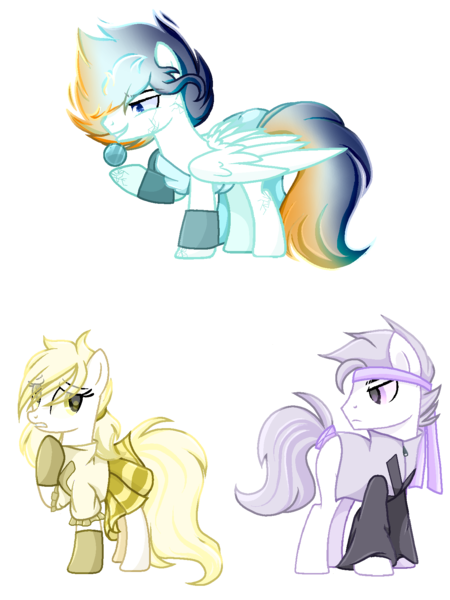 Size: 1268x1690 | Tagged: safe, artist:diniarvegafinahar, derpibooru import, part of a set, ponified, earth pony, pegasus, pony, alphabet lore, badass, clothes, female, gem, headband, image, male, mare, planet pony, png, scared, scrunchie, simple background, skirt, species swap, stallion, transparent background, trio, x, y, z