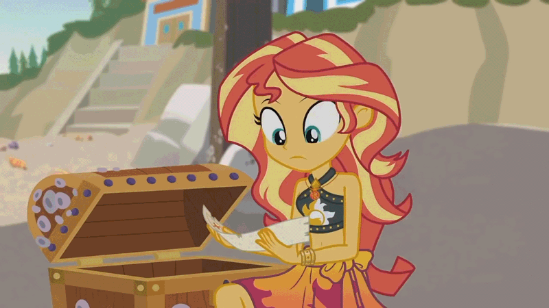 Size: 1280x720 | Tagged: safe, derpibooru import, sunset shimmer, equestria girls, equestria girls series, x marks the spot, animated, bare shoulders, beach, beautiful, belly button, bikini, clothes, geode of empathy, gif, image, magical geodes, sarong, smiling, solo, stairs, summer, summer sunset, swimsuit, teal eyes, treasure chest