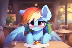 Size: 3072x2048 | Tagged: safe, derpibooru import, machine learning generated, novelai, stable diffusion, rainbow dash, pegasus, pony, blushing, date, female, food, glass, high res, image, indoors, interior, looking at you, mare, offscreen character, one ear down, plate, png, pov, restaurant, sitting, sitting at table, smiling, smiling at you, spread wings, wings
