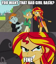 Size: 500x562 | Tagged: safe, derpibooru import, snails, snips, sunset shimmer, human, equestria girls, caption, clothes, evil grin, female, grin, image, image macro, imgflip, jpeg, legs, skirt, smiling, text