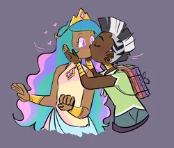 Size: 1766x1502 | Tagged: safe, artist:stevetwisp, derpibooru import, princess celestia, zecora, human, blushing, clothes, dark skin, dress, duo, female, humanized, image, jewelry, kissing, lesbian, moderate dark skin, mohawk, png, shipping, shirt, simple background, tiara, zelestia