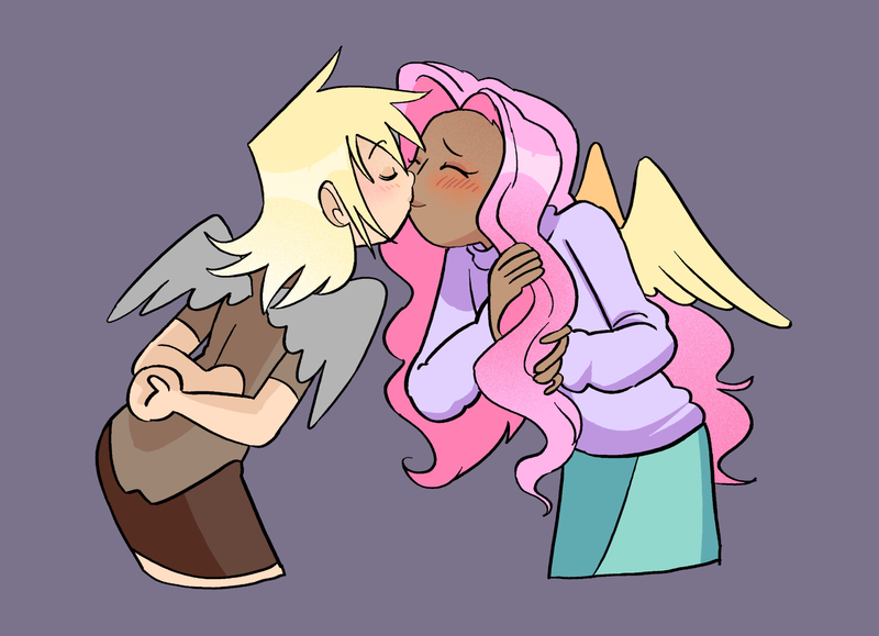 Size: 2048x1483 | Tagged: safe, artist:stevetwisp, derpibooru import, derpy hooves, fluttershy, human, blushing, clothes, derpyshy, duo, female, human coloration, humanized, image, kissing, lesbian, moderate dark skin, png, shipping, shirt, simple background, winged humanization, wings