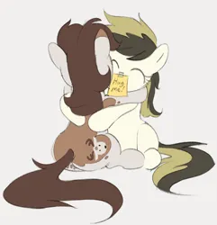 Size: 904x937 | Tagged: safe, artist:dotkwa, derpibooru import, oc, oc:deary dots, unofficial characters only, earth pony, pony, butt, cute, duo, female, gray background, hug, image, mare, plot, png, simple background, sitting, sticky note