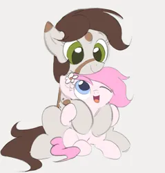 Size: 975x1022 | Tagged: safe, artist:dotkwa, derpibooru import, oc, oc:deary dots, oc:kayla, unofficial characters only, earth pony, pony, cute, duo, female, filly, flower, flower in hair, foal, gray background, hug, hug from behind, image, mare, ocbetes, open mouth, open smile, png, simple background, size difference, smiling