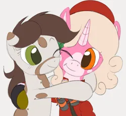 Size: 872x802 | Tagged: safe, artist:dotkwa, derpibooru import, oc, oc:bloona blazes, oc:deary dots, unofficial characters only, earth pony, pony, unicorn, bust, duo, female, gray background, grenade, hug, image, looking at each other, looking at someone, mare, one eye closed, png, simple background, smiling
