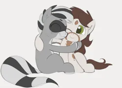 Size: 1420x1022 | Tagged: safe, artist:dotkwa, derpibooru import, oc, oc:bandy cyoot, oc:deary dots, unofficial characters only, earth pony, hybrid, pony, raccoon, raccoon pony, cute, duo, eyes closed, female, gray background, hug, image, mare, png, simple background, sitting, smiling